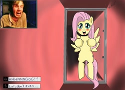 Size: 1400x1000 | Tagged: safe, artist:sonikku001, fluttershy, human, blushing, crossover, cute, looking at you, open mouth, pewdiepie, playing, reaction, scared, scp foundation, smiling, this will end in death