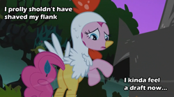 Size: 1637x908 | Tagged: safe, edit, edited screencap, screencap, pinkie pie, pony, luna eclipsed, animal costume, butt, caption, chicken pie, chicken suit, clothes, costume, female, mare, nightmare night, plot, solo