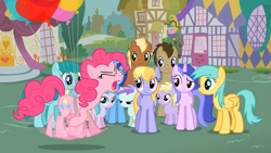 Size: 1365x768 | Tagged: safe, screencap, aura (character), cloud kicker, dinky hooves, doctor whooves, liza doolots, meadow song, minuette, petunia, pinkie pie, sassaflash, sea swirl, seafoam, spring melody, sprinkle medley, sunshower raindrops, tootsie flute, earth pony, pony, it's about time, balloon