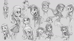 Size: 1280x720 | Tagged: safe, artist:ruffu, derpibooru import, fluttershy, pinkie pie, twilight sparkle, humanized, monochrome, sketch dump