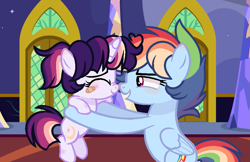 Size: 967x628 | Tagged: safe, artist:moon-rose-rosie, derpibooru import, rainbow dash, oc, oc:celestial moon, pegasus, pony, unicorn, boop, female, filly, holding a pony, magical lesbian spawn, mother and child, mother and daughter, noseboop, offspring, parent and child, parent:rainbow dash, parent:twilight sparkle, parents:twidash