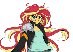 Size: 2000x1435 | Tagged: safe, artist:reiduran, edit, sunset shimmer, equestria girls, clothes, jacket, looking at you, magic knight rayearth, magical sunset-chan, simple background, sketch, solo, white background