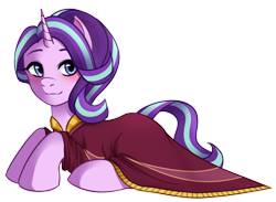 Size: 2600x1900 | Tagged: safe, alternate version, artist:liny-an, derpibooru exclusive, starlight glimmer, pony, unicorn, road to friendship, clothes, cute, female, looking at you, lying, mare, outline, prone, robe, simple background, smiling, solo, transparent background