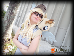 Size: 4608x3456 | Tagged: safe, artist:krazykari, derpy hooves, doctor whooves, human, clothes, cosplay, costume, crossed arms, irl, irl human, patreon, patreon logo, photo, plushie, solo