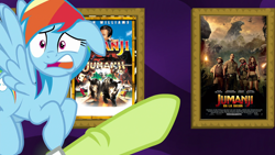 Size: 1920x1080 | Tagged: safe, derpibooru import, edit, edited screencap, screencap, granny smith, rainbow dash, earth pony, pegasus, pony, grannies gone wild, exploitable meme, granny smith choosing poster, jumanji, meme, movie, spanish