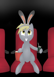 Size: 2542x3600 | Tagged: safe, artist:cyrusguildart, derpy hooves, pegasus, pony, bunny ears, cinema, drink, female, food, headband, mare, movie, popcorn, smiling, soda, solo, zootopia