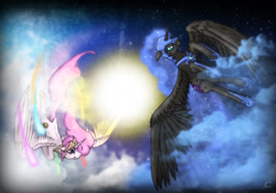 Size: 1531x1073 | Tagged: safe, artist:ryuukiba, nightmare moon, princess celestia, alicorn, pony, duo, duo female, female, horn, mare, siblings, sisters