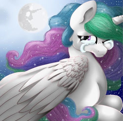 Size: 400x393 | Tagged: safe, artist:theluminescence, princess celestia, alicorn, pony, crying, female, horn, mare, multicolored mane, solo, white coat