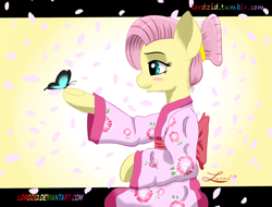 Size: 2500x1900 | Tagged: safe, artist:lordzid, fluttershy, butterfly, pegasus, pony, alternate hairstyle, cherry blossoms, kimono (clothing), solo