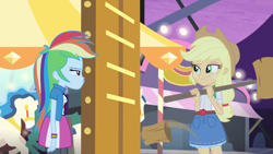 Size: 1280x720 | Tagged: safe, derpibooru import, screencap, applejack, rainbow dash, equestria girls, perfect day for fun, rainbow rocks, high striker, smirk