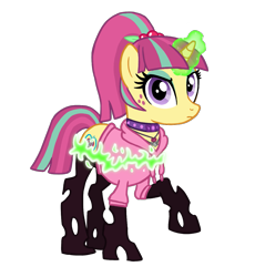 Size: 1089x1183 | Tagged: safe, artist:flipwix, sour sweet, changeling, pony, unicorn, changelingified, choker, clothes, commission, disguise, disguised changeling, equestria girls ponified, eyeshadow, female, glowing horn, hoodie, jewelry, makeup, mare, necklace, ponified, simple background, solo, species swap, spiked choker, transformation, transparent background
