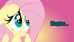 Size: 1920x1080 | Tagged: safe, artist:grievousfan, fluttershy, pegasus, pony, bust, female, floppy ears, gradient background, grin, mare, maybe, nervous, nervous grin, portrait, reaction image, shy smile, smiling, solo