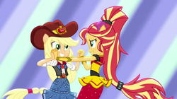 Size: 1912x1072 | Tagged: safe, screencap, applejack, sunset shimmer, dance magic, equestria girls, spoiler:eqg specials, alternate hairstyle, clothes, cowboy hat, cute, dancing, denim skirt, duo, female, hat, holding hands, jackabetes, ponied up, shimmerbetes, skirt