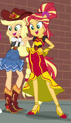 Size: 460x786 | Tagged: safe, screencap, applejack, sunset shimmer, dance magic, equestria girls, spoiler:eqg specials, alternate hairstyle, boots, clothes, cowboy hat, cropped, cute, dancing, denim skirt, duo, female, hat, high heels, holding hands, jackabetes, legs, ponied up, shimmerbetes, shoes, skirt