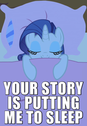 Size: 500x720 | Tagged: safe, edit, edited screencap, screencap, rarity, pony, unicorn, look before you sleep, bed, blanket, c:, caption, cute, eyes closed, female, image macro, mare, pillow, reaction image, sleeping, smiling, solo, text