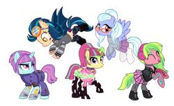 Size: 3278x2002 | Tagged: safe, alternate version, artist:flipwix, indigo zap, lemon zest, sour sweet, sugarcoat, sunny flare, bat pony, changeling, earth pony, pegasus, pony, unicorn, equestria girls, bandage, bat ponified, bipedal, bipedal leaning, boots, changelingified, choker, clothes, commission, crystal prep shadowbolts, cut, cute, cute little fangs, dirt, disguise, disguised changeling, ear piercing, earring, earth pony lemon zest, equestria girls ponified, eyebrow piercing, eyes closed, eyeshadow, fangs, female, flying, glasses, glowing horn, goggles, headband, headcanon, headphones, heart, hoodie, indigobat, jacket, jewelry, jumpsuit, leaning, leather jacket, lip piercing, magic, makeup, mare, mechanic, mud, nose piercing, oil, pegasus sugarcoat, piercing, pleated skirt, ponified, race swap, raised eyebrow, rearing, shadow five, shadowbolts, shoes, simple background, skirt, skull and crossbones, snake bites, socks, sourling, species swap, spiked choker, spiked wristband, stockings, striped socks, sunny flare's wrist devices, sweater, tattoo, thigh highs, tongue piercing, torn clothes, transparent background, unicorn sunny flare, wall of tags, wristband