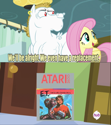 Size: 640x717 | Tagged: safe, bulk biceps, fluttershy, pegasus, pony, blonde, blonde mane, blonde tail, blue eyes, curtain, e.t., e.t. the video game, ear piercing, exploitable meme, female, looking to side, looking to the right, male, mare, meme, open mouth, piercing, pink mane, pink tail, red eyes, replacement meme, smiling, spread wings, stallion, text, white coat, wings, yellow coat