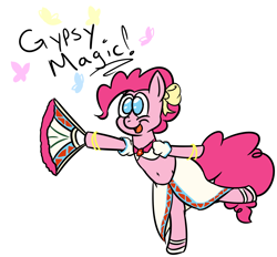 Size: 1238x1150 | Tagged: safe, artist:jeremystorm, pinkie pie, butterfly, earth pony, pony, belly button, bow, clothes, cosplay, dialogue, dress, gypsy magic, gypsy pie, lunar 2, midriff, romani, solo