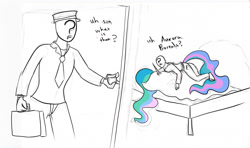 Size: 2792x1654 | Tagged: safe, princess celestia, oc, oc:anon, human, bed, blanket, briefcase, clothes, colored, dialogue, door, hat, hiding, necktie, pants, shirt, sketch