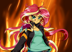 Size: 2000x1435 | Tagged: dead source, safe, artist:reiduran, sunset shimmer, equestria girls, clothes, explicit source, fiery shimmer, fire, looking at you, magic knight rayearth, solo