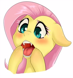 Size: 1180x1250 | Tagged: safe, artist:zokkili, fluttershy, pegasus, pony, blushing, colored eyelashes, drool, eyelashes, fangs, floppy ears, open mouth, solo