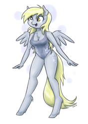 Size: 907x1280 | Tagged: safe, artist:king-kakapo, derpy hooves, anthro, pegasus, unguligrade anthro, chest fluff, cleavage, clothes, female, gray swimsuit, happy, mare, multiple variants, one-piece swimsuit, open mouth, open smile, simple background, smiling, solo, swimsuit, white background