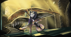 Size: 1227x650 | Tagged: safe, artist:auroriia, philomena, princess celestia, alicorn, phoenix, pony, cello, eyes closed, musical instrument