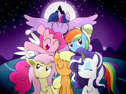 Size: 1600x1200 | Tagged: safe, artist:darkynez, derpibooru import, applejack, fluttershy, nightmare rarity, pinkie pie, rainbow dash, rarity, twilight sparkle, twilight sparkle (alicorn), alicorn, earth pony, pegasus, pony, unicorn, annoyed, flutterbat, hat, hatless, mane six, missing accessory, moon, night, nightmare night, smiling, smirk