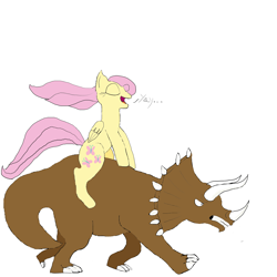 Size: 2000x2000 | Tagged: safe, artist:simon-o-sullivan, fluttershy, dinosaur, pegasus, pony, ceratopsian, colorado, cretaceous, cute, dinosaur rider, female, feminism, flutterbadass, mare, mesozoic, montana, ponies riding dinosaurs, riding, saskatchewan, shyabetes, simple background, triceratops, white background, wyoming