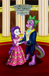 Size: 600x927 | Tagged: safe, artist:faroth, rarity, spike, human, beauty and the beast, blushing, clothes, crossover, dancing, dress, female, gala dress, humanized, male, shipping, sparity, straight