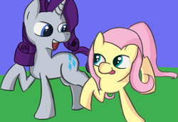 Size: 1117x768 | Tagged: safe, artist:flutteriot, fluttershy, rarity, pegasus, pony, unicorn, female, horn, le lenny face, mare