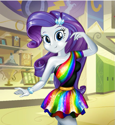 Size: 487x526 | Tagged: safe, artist:kimpossiblelove, rarity, equestria girls, breasts, canterlot high, clothes, dress, female, fynsy, rainbow dress, solo, trophy case