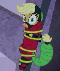 Size: 361x432 | Tagged: safe, screencap, applejack, mistress marevelous, earth pony, pony, power ponies (episode), flipped, lasso, power ponies, rope, scrunchy face, silly, silly pony, solo, tied up, upside down