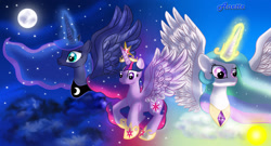 Size: 1419x768 | Tagged: safe, artist:anna-krylova, princess celestia, princess luna, twilight sparkle, twilight sparkle (alicorn), alicorn, pony, female, magic, mare