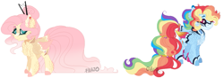 Size: 1319x466 | Tagged: safe, artist:owl-clockwork, derpibooru import, fluttershy, rainbow dash, pegasus, pony, alternate design, base used, chest fluff, colored hooves, colored wings, colored wingtips, duo, ear fluff, female, hair bun, long tail, mare, multicolored wings, redesign, simple background, tail feathers, white background