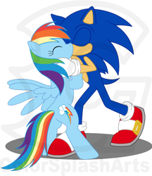 Size: 2276x2634 | Tagged: safe, artist:colorsplasharts, derpibooru import, rainbow dash, pegasus, pony, crossover, crossover shipping, female, interspecies, kissing, male, obtrusive watermark, sonic the hedgehog, sonic the hedgehog (series), sonicdash, straight, watermark