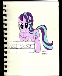 Size: 2032x2460 | Tagged: safe, artist:deluxeflame, starlight glimmer, pony, unicorn, digitally colored, fence, grin, reference, simple background, smiling, solo, traditional art