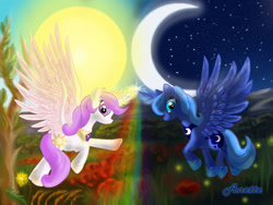 Size: 1000x750 | Tagged: safe, artist:anna-krylova, princess celestia, princess luna, alicorn, pony, duo, filly, flying, magic, pink-mane celestia, younger