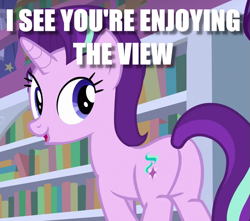 Size: 803x709 | Tagged: safe, edit, edited screencap, screencap, starlight glimmer, pony, unicorn, butt, female, glimmer glutes, image macro, looking back, mare, meme, plot, solo, talking, text