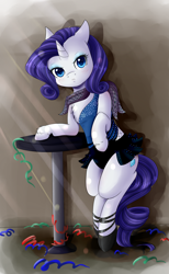 Size: 1600x2600 | Tagged: safe, artist:chiweee, rarity, pony, unicorn, bipedal, bipedal leaning, clothes, leaning, looking at you, saloon dress, scarf, shoes, solo, streamers, table