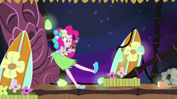 Size: 640x360 | Tagged: safe, screencap, pinkie pie, equestria girls, rainbow rocks, shake your tail, clothes, feet, grass skirt, hulapie, sandals, skirt, solo, ukulele