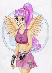 Size: 2508x3456 | Tagged: safe, artist:40kponyguy, derpibooru exclusive, sour sweet, equestria girls, belly button, clothes, exeron fighters, looking at you, midriff, ponied up, pony ears, ponytail, requested art, simple background, skirt, solo, spread wings, traditional art, white background, wings