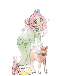 Size: 500x667 | Tagged: safe, artist:karashim, fluttershy, bird, dog, human, animal, humanized, pixiv, solo