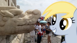 Size: 1088x611 | Tagged: safe, artist:ikillyou121, artist:thedoubledeuced, derpy hooves, dragon, human, beijing, bust, china, irl, photo, ponies in real life, solo, umbrella, vector