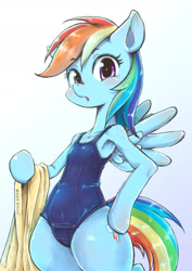 Size: 1433x2023 | Tagged: safe, artist:nazonazopowerfu, derpibooru import, rainbow dash, pegasus, pony, semi-anthro, armpits, belly button, bipedal, blushing, clothes, cute, dashabetes, female, looking at you, mare, one-piece swimsuit, open mouth, pixiv, school swimsuit, signature, simple background, solo, swimsuit, towel