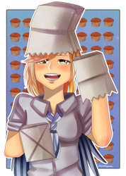 Size: 821x1153 | Tagged: safe, artist:hirohayami, derpy hooves, human, food, humanized, muffin, paper bag, paper bag wizard, solo, winged humanization