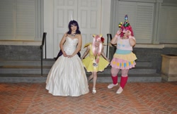 Size: 2048x1326 | Tagged: artist needed, safe, fluttershy, pinkie pie, rarity, human, 2014, clothes, convention, cosplay, dress, groucho mask, hat, irl, irl human, katsucon, katsucon 2014, necklace, party hat, photo, short dress
