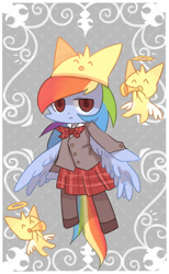 Size: 800x1300 | Tagged: safe, artist:joycall6, derpibooru import, rainbow dash, pegasus, pony, bipedal, clothes, cosplay, crossover, mogeko castle, rainbow dash always dresses in style, solo, yonaka kurai