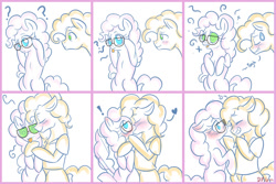 Size: 1024x682 | Tagged: safe, artist:dragonfoxgirl, cheese sandwich, pinkie pie, earth pony, pony, :o, :p, blushing, cheesepie, comic, confused, cute, dizzy, exclamation point, female, floppy ears, frown, glasses, grin, heart, hug, kissing, male, question mark, shipping, shocked, smiling, straight, surprise kiss, surprised, sweat, sweatdrop, tailboner, tongue out, wide eyes