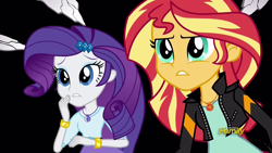 Size: 1920x1080 | Tagged: safe, screencap, rarity, sunset shimmer, equestria girls, mirror magic, spoiler:eqg specials, clothes, discovery family logo, duo, geode of empathy, geode of shielding, jacket, leather jacket, magical geodes, mirror world